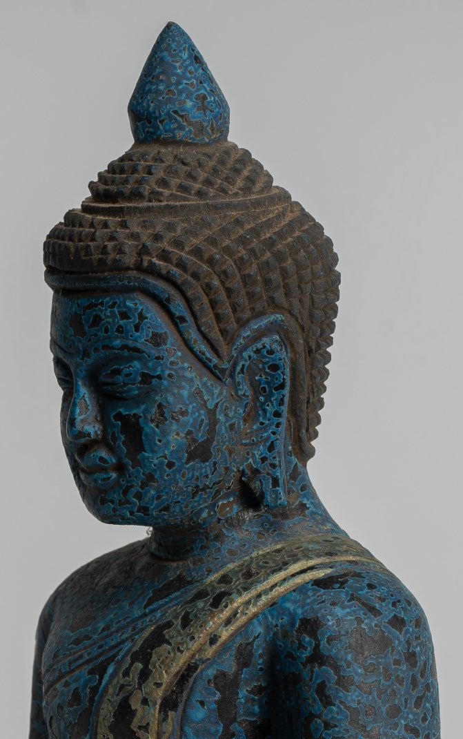 Bouddha Sculpture - Antique Khmer Style Wood Asered Bouddha Statue Dhyana Meditation Mudra - 22cm / 9 "