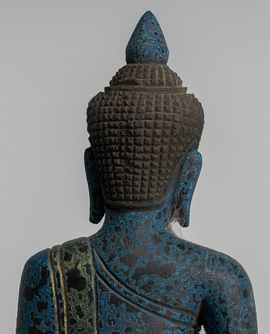 Bouddha Sculpture - Antique Khmer Style Wood Asered Bouddha Statue Dhyana Meditation Mudra - 22cm / 9 "
