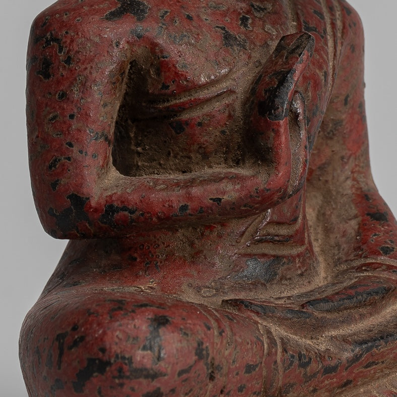 Buddha Sculpture - Buddha - Antique Khmer Style Seated Wood Buddha Statue Teaching Mudra - 17cm/7"