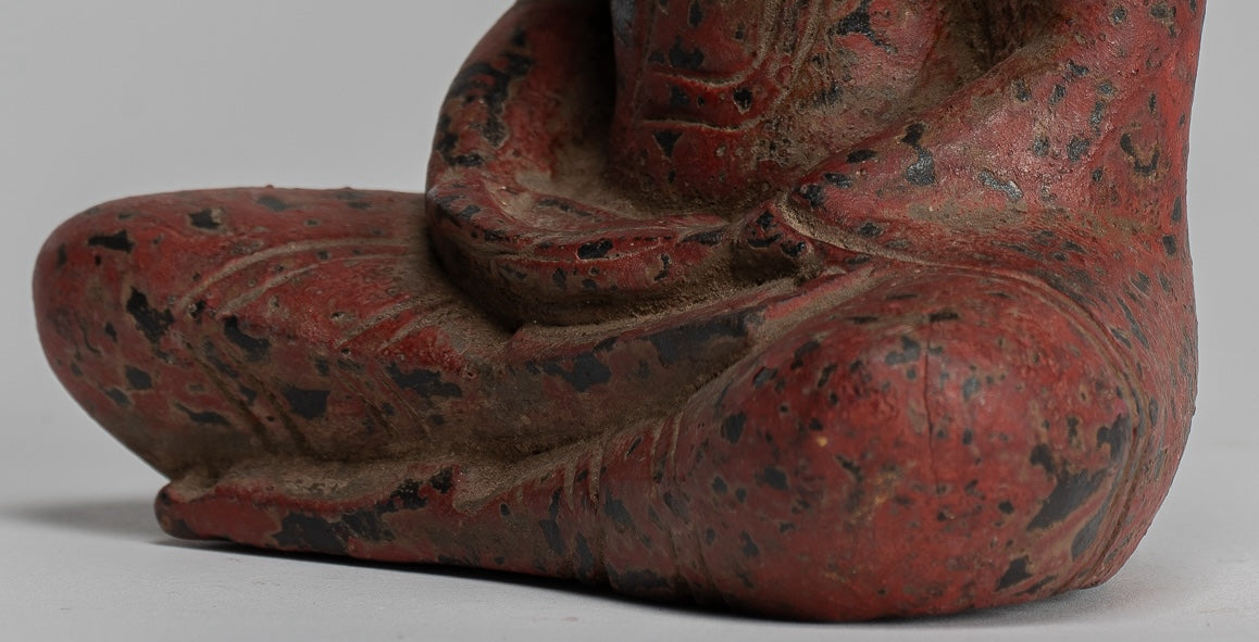 Buddha Sculpture - Antique Khmer Style Wood Seated Buddha Statue Dhyana Meditation Mudra - 17cm/7"