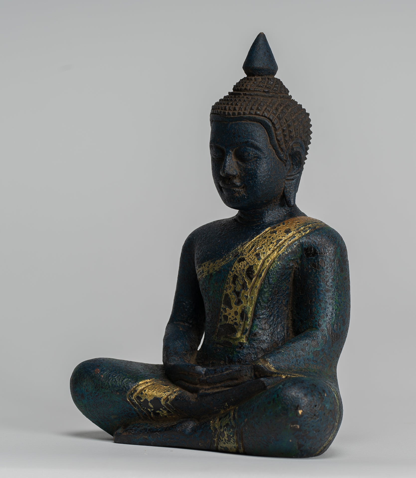 Buddha Sculpture - Antique Khmer Style Wood Seated Buddha Statue Dhyana Meditation Mudra - 20cm/8"