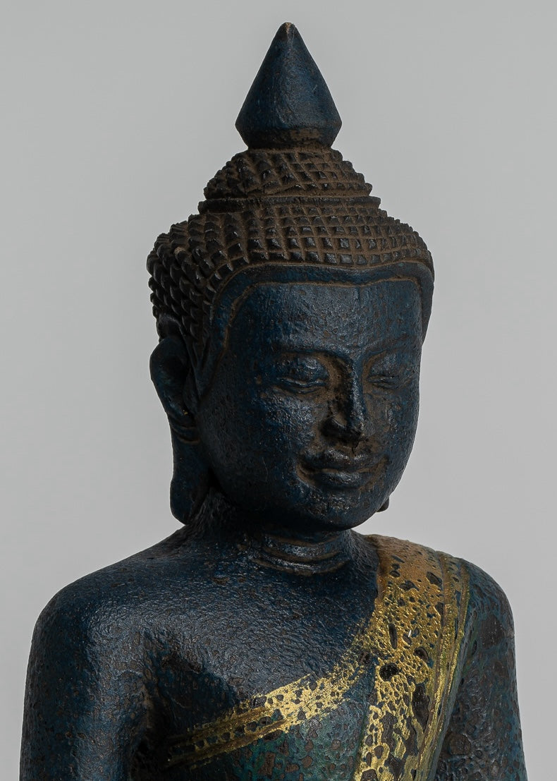 Buddha Sculpture - Antique Khmer Style Wood Seated Buddha Statue Dhyana Meditation Mudra - 20cm/8"