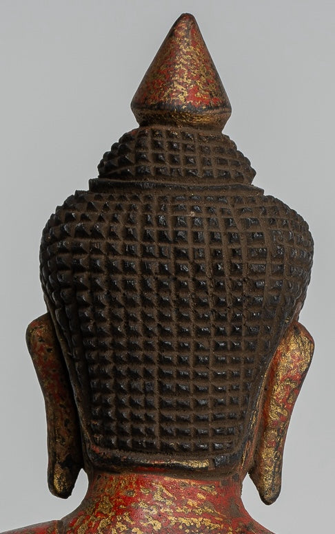 Buddha Sculpture - Antique Khmer Style Wood Seated Buddha Statue Dhyana Meditation Mudra - 21cm/8"