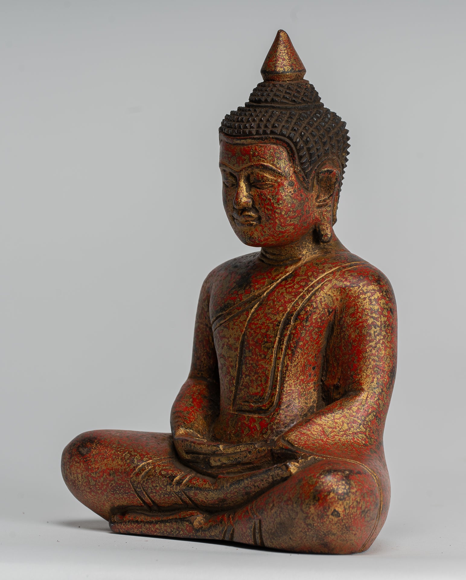 Buddha Sculpture - Antique Khmer Style Wood Seated Buddha Statue Dhyana Meditation Mudra - 21cm/8"