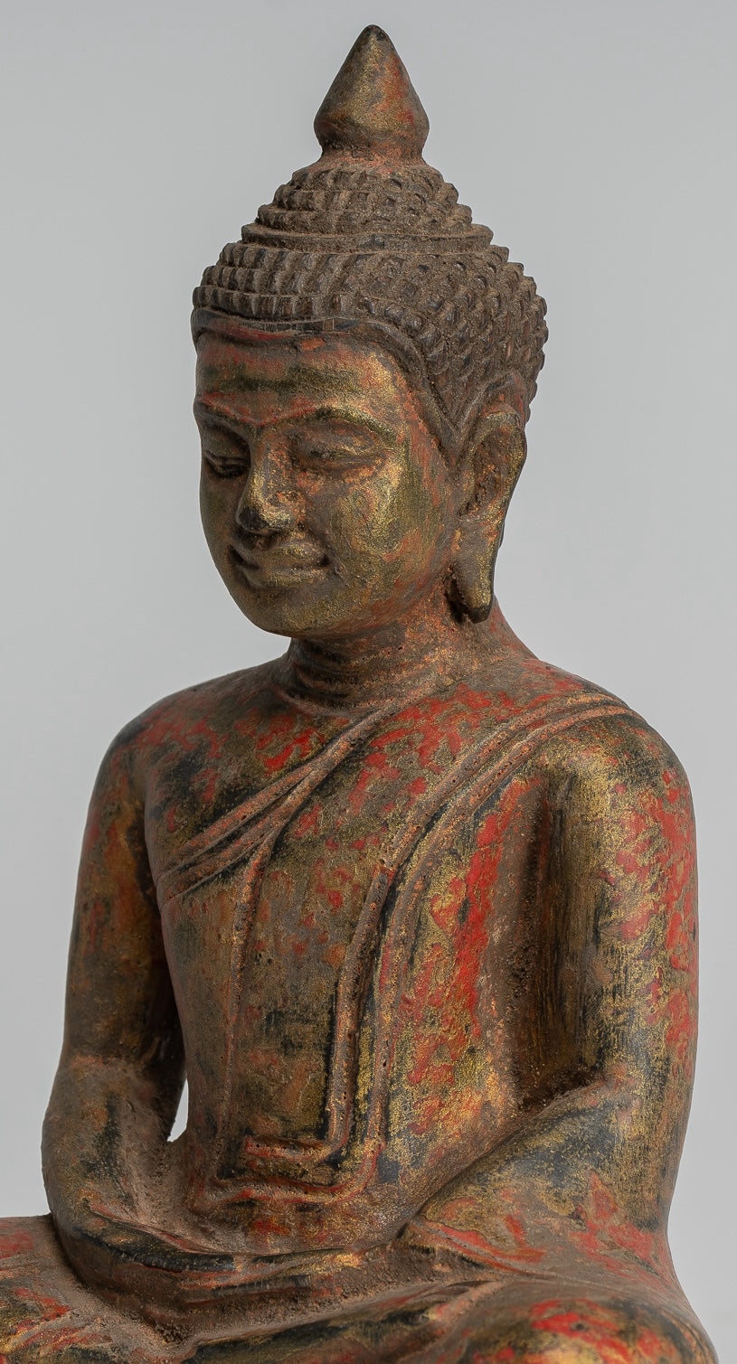 Buddha Sculpture - Antique Khmer Style Wood Seated Buddha Statue Dhyana Meditation Mudra - 20cm/8"