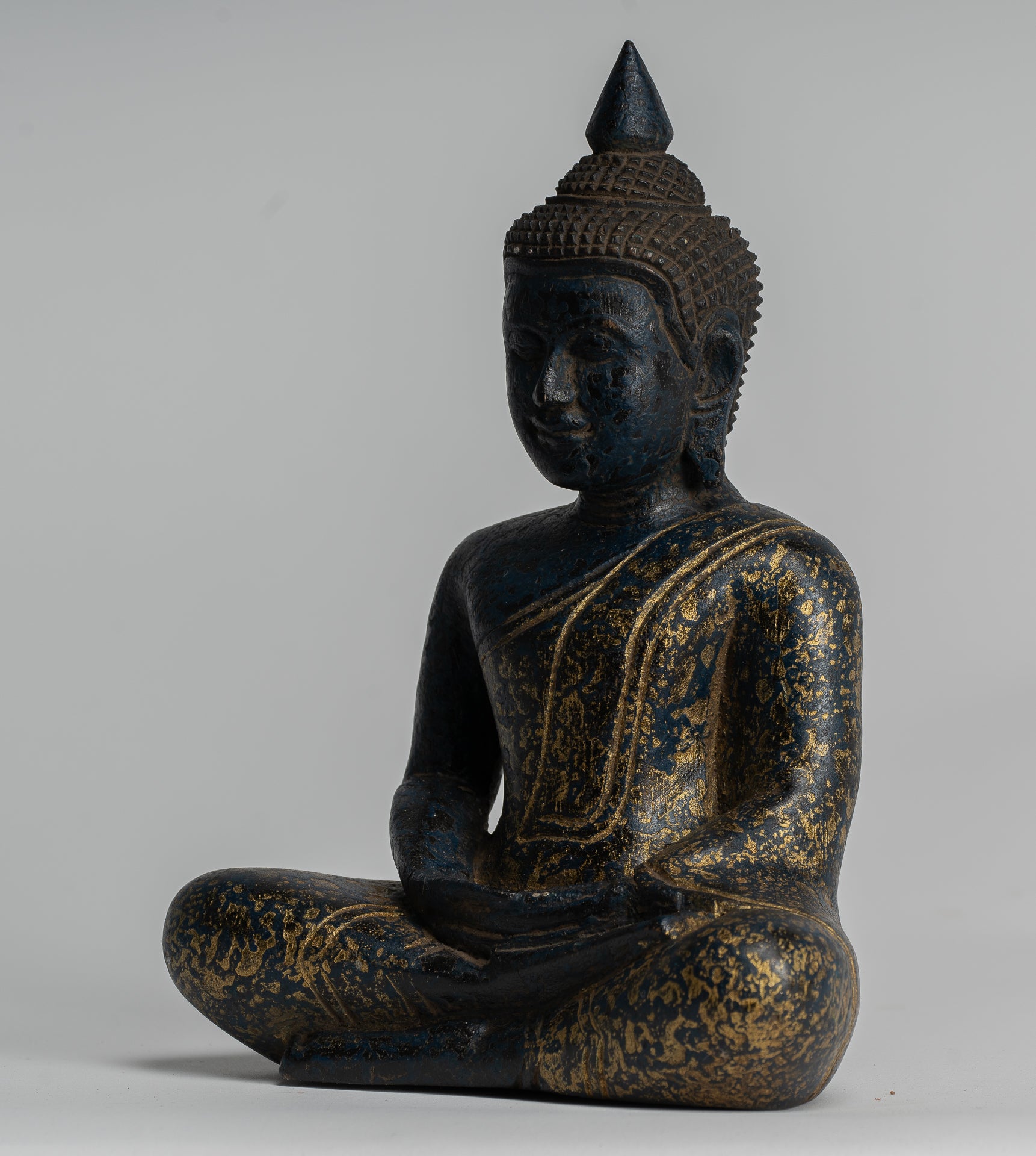 Buddha Sculpture - Antique Khmer Style Wood Seated Buddha Statue Dhyana Meditation Mudra - 20cm/8"