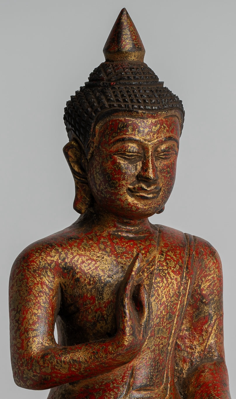 Buddha Statue - Antique Khmer Style Cambodia Seated Wood Buddha Statue Teaching Mudra - 21cm/8"