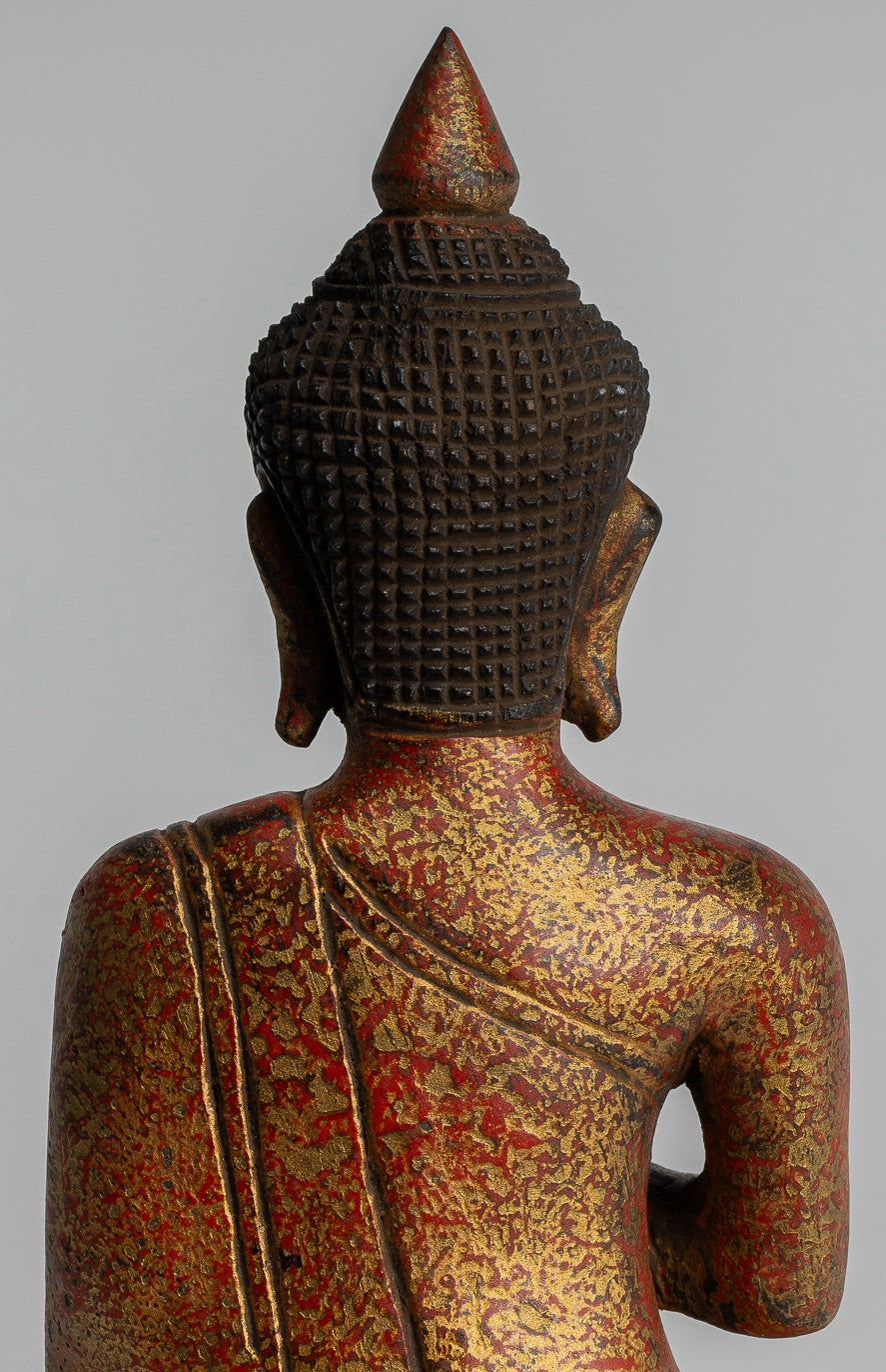 Buddha Statue - Antique Khmer Style Cambodia Seated Wood Buddha Statue Teaching Mudra - 21cm/8"