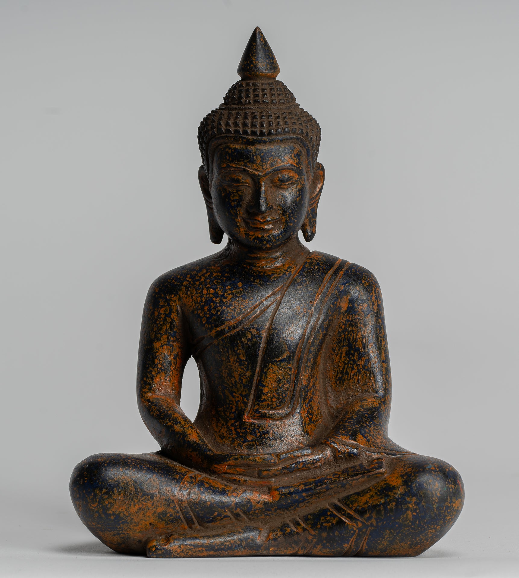 Buddha Sculpture - Antique Khmer Style Wood Seated Buddha Statue Dhyana Meditation Mudra - 20cm/8"