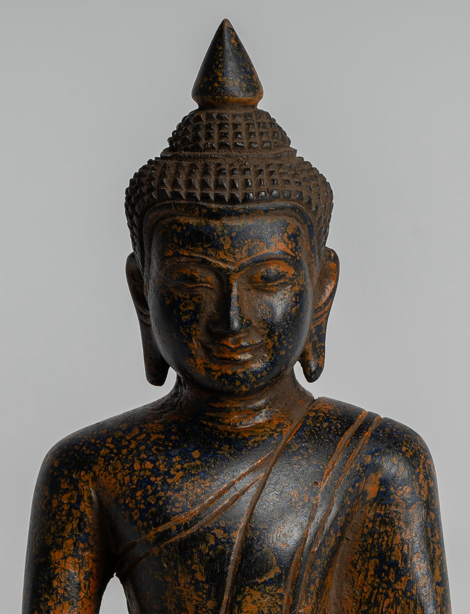 Buddha Sculpture - Antique Khmer Style Wood Seated Buddha Statue Dhyana Meditation Mudra - 20cm/8"