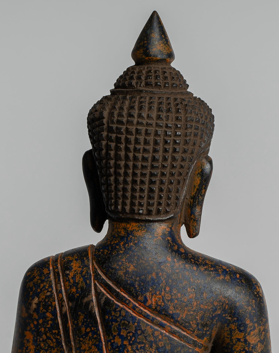 Buddha Sculpture - Antique Khmer Style Wood Seated Buddha Statue Dhyana Meditation Mudra - 20cm/8"