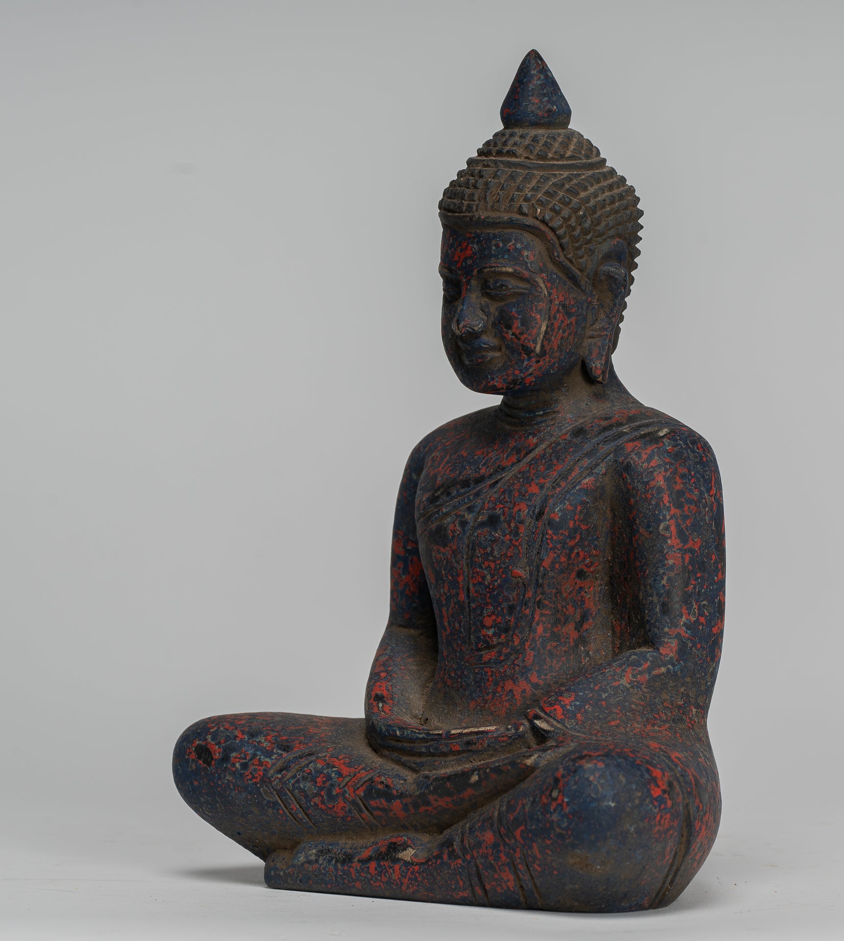 Buddha Sculpture - Antique Khmer Style Wood Seated Buddha Statue Dhyana Meditation Mudra - 20cm/8"