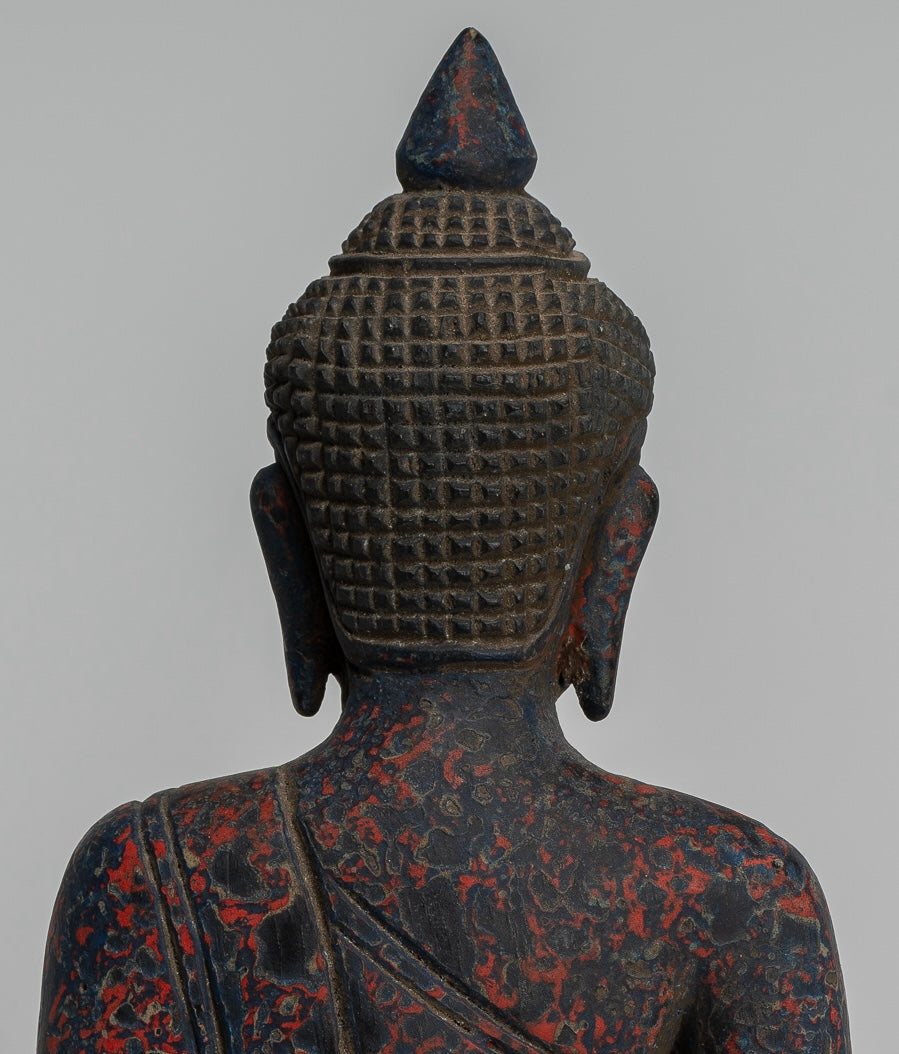 Buddha Sculpture - Antique Khmer Style Wood Seated Buddha Statue Dhyana Meditation Mudra - 20cm/8"
