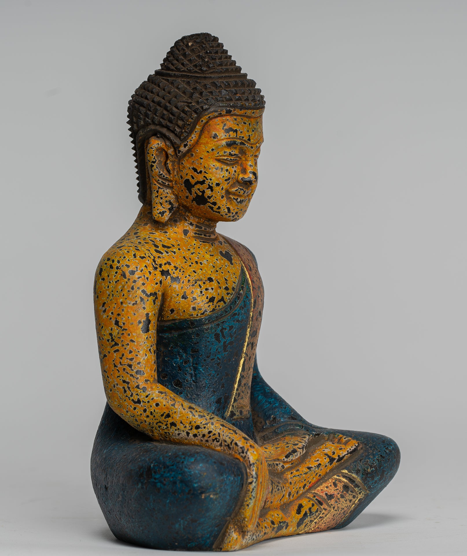 Buddha Statue - Antique Khmer Style SE Asia Seated Wood Enlightenment Buddha Statue - 19cm/8"