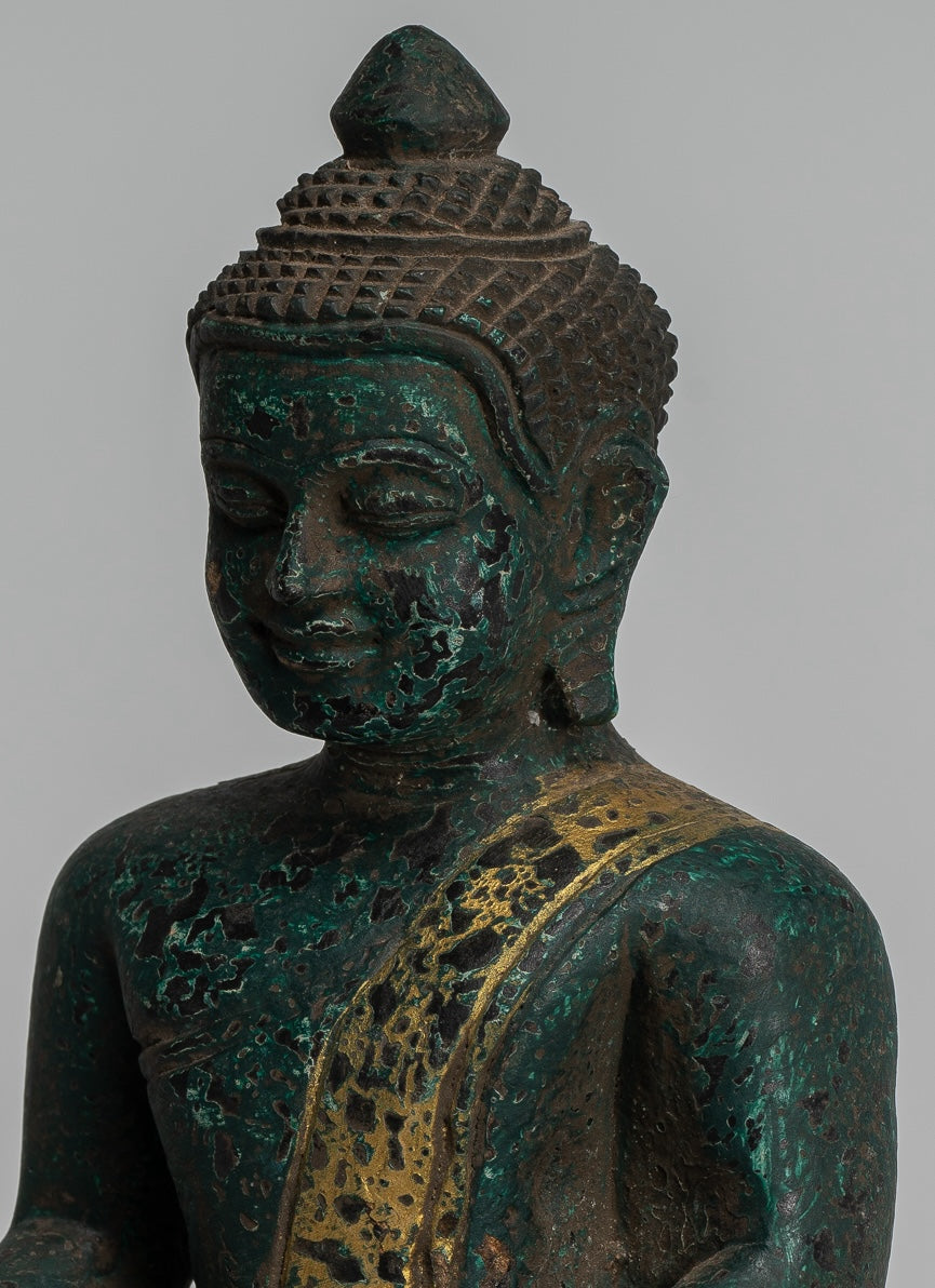 Buddha Statue - Antique Khmer Style SE Asia Seated Wood Enlightenment Buddha Statue - 20cm/8"