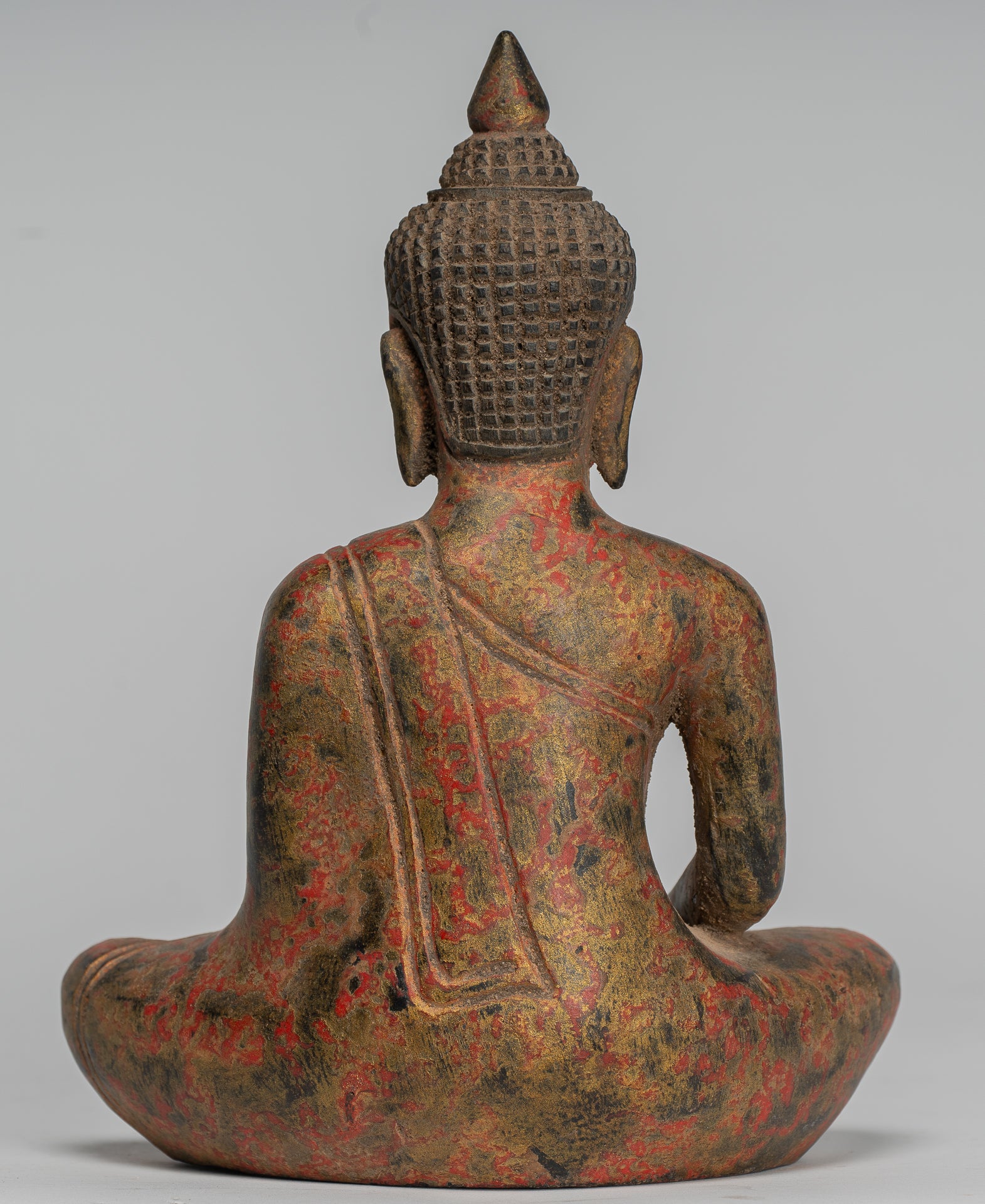 Buddha Statue - Antique Khmer Style SE Asia Seated Wood Enlightenment Buddha Statue - 19cm/8"