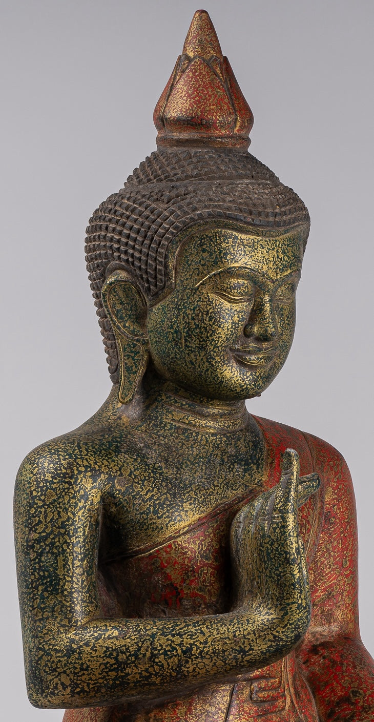 Buddha Statue - Antique Khmer Style Cambodia Seated Wood Buddha Statue Teaching Mudra - 71cm/28"