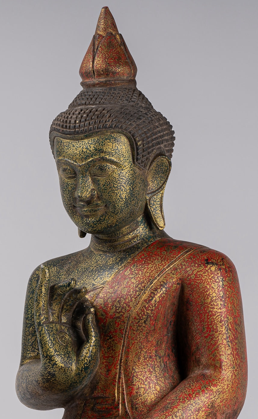 Buddha Statue - Antique Khmer Style Cambodia Seated Wood Buddha Statue Teaching Mudra - 71cm/28"
