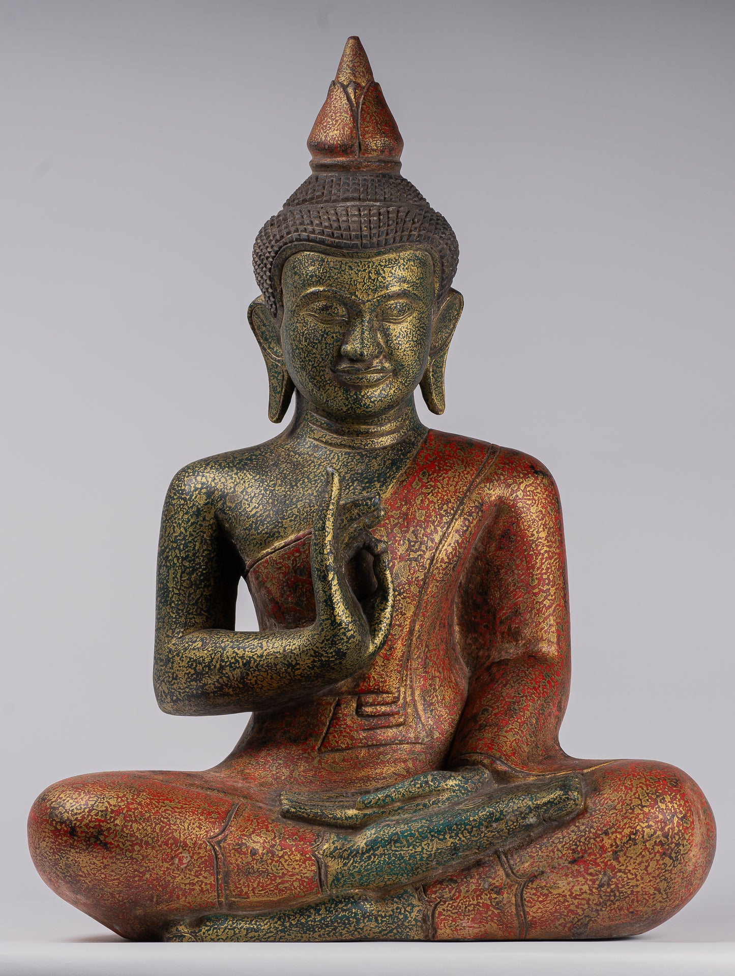 Buddha Statue - Antique Khmer Style Cambodia Seated Wood Buddha Statue Teaching Mudra - 71cm/28"