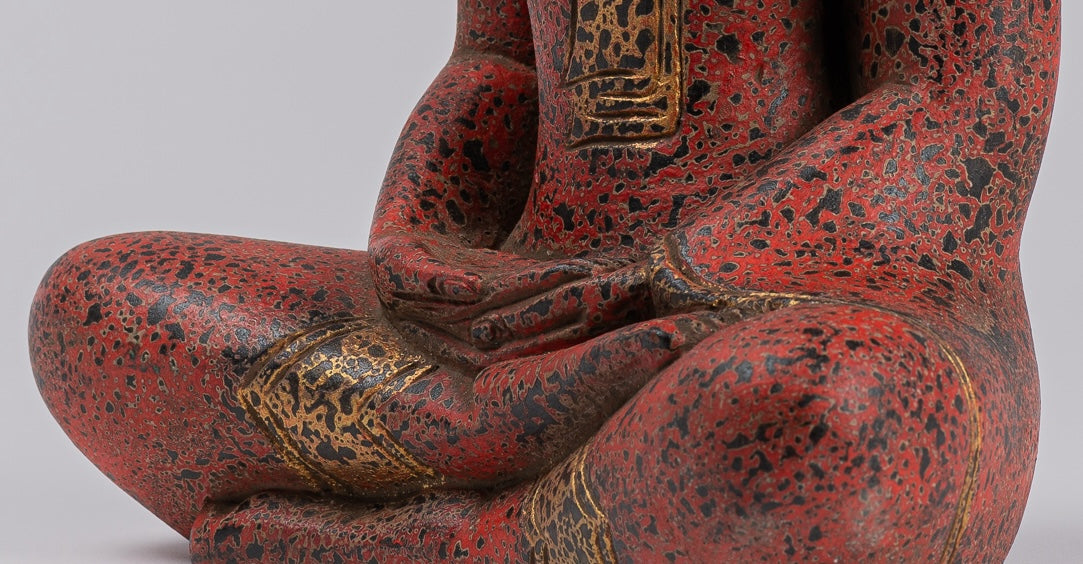 Buddha Sculpture - Antique Khmer Style Wood Seated Buddha Statue Dhyana Meditation Mudra - 34cm/14"