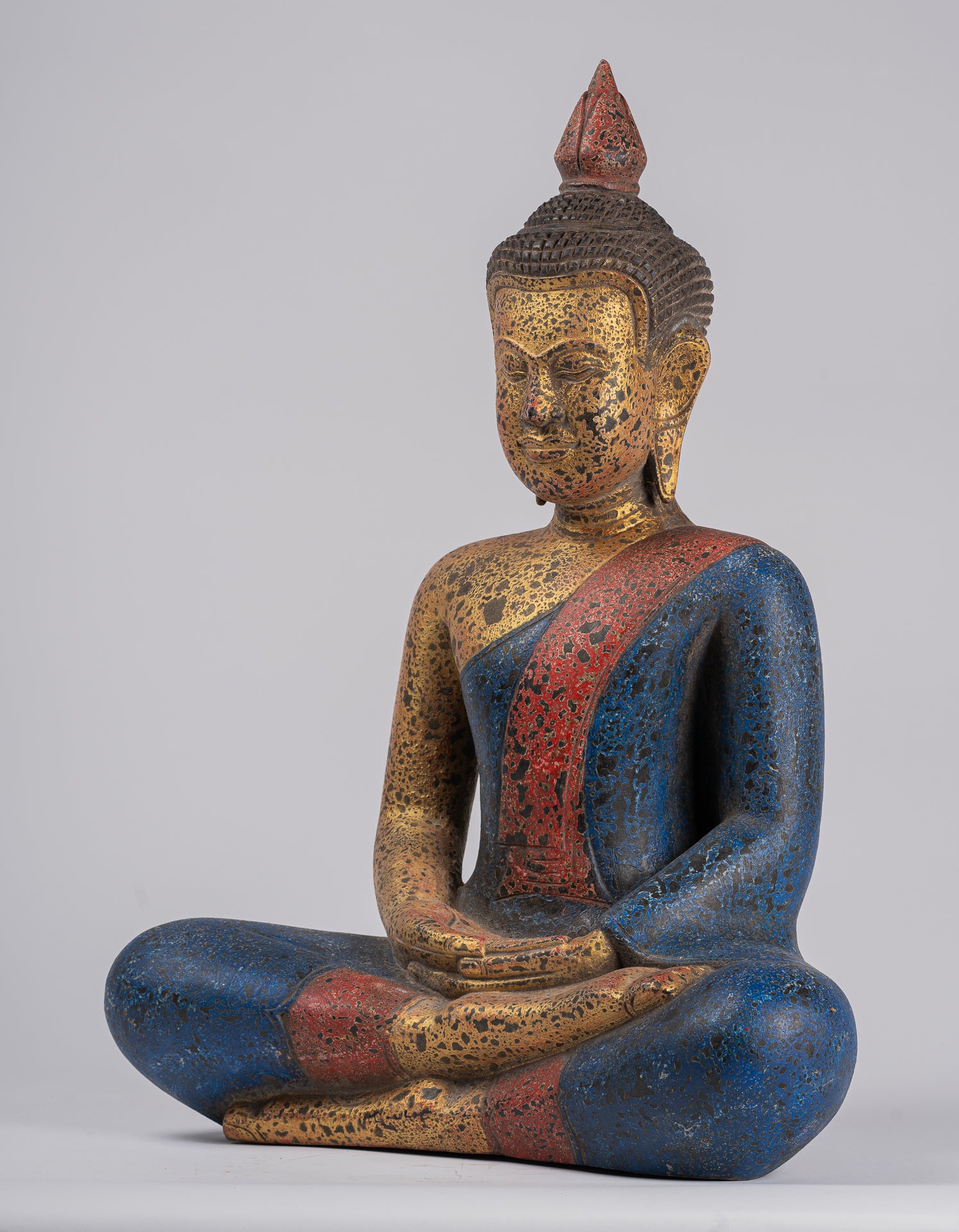 Buddha Sculpture - Antique Khmer Style Wood Seated Buddha Statue Dhyana Meditation Mudra - 55cm/21"