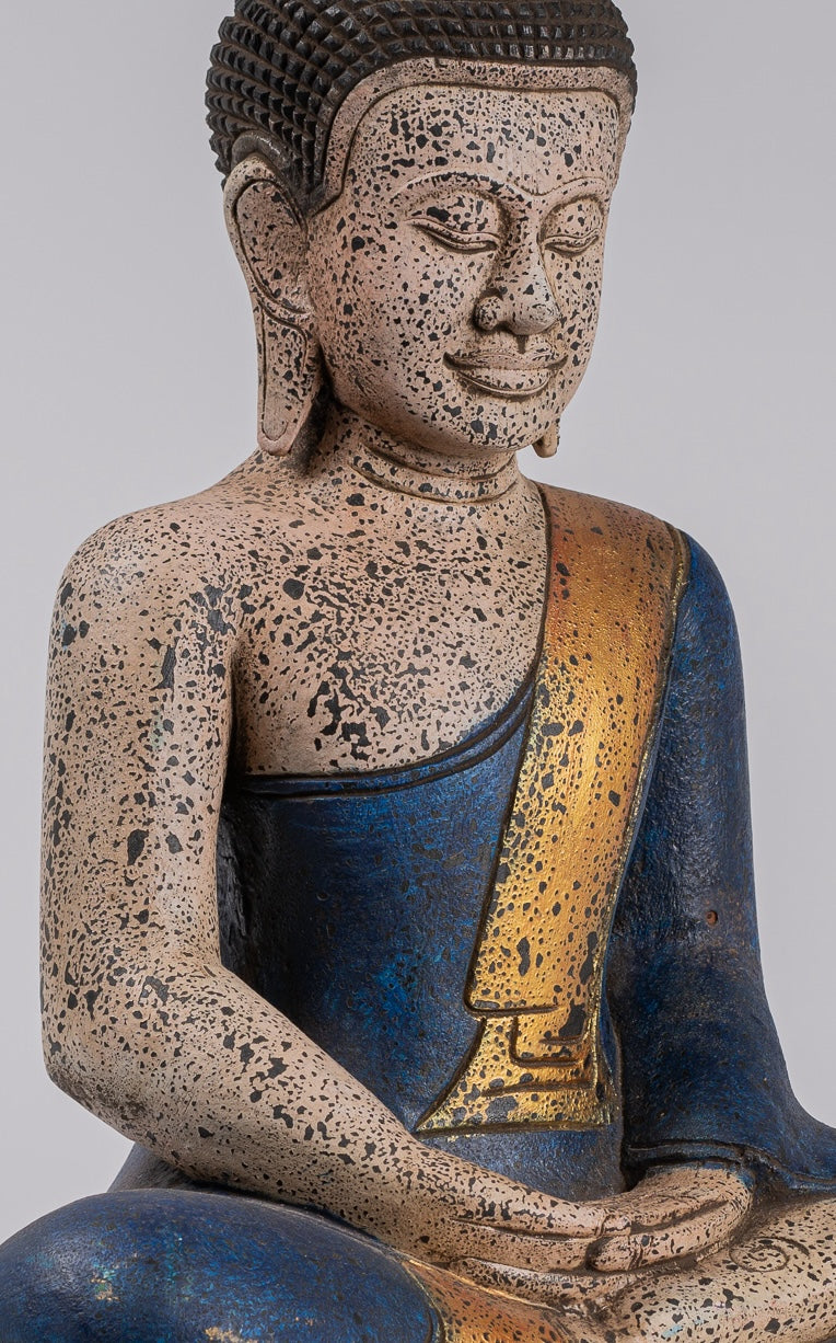 Buddha Statue - Antique Khmer Style SE Asia Seated Wood Meditation Buddha Statue - 47cm/19"