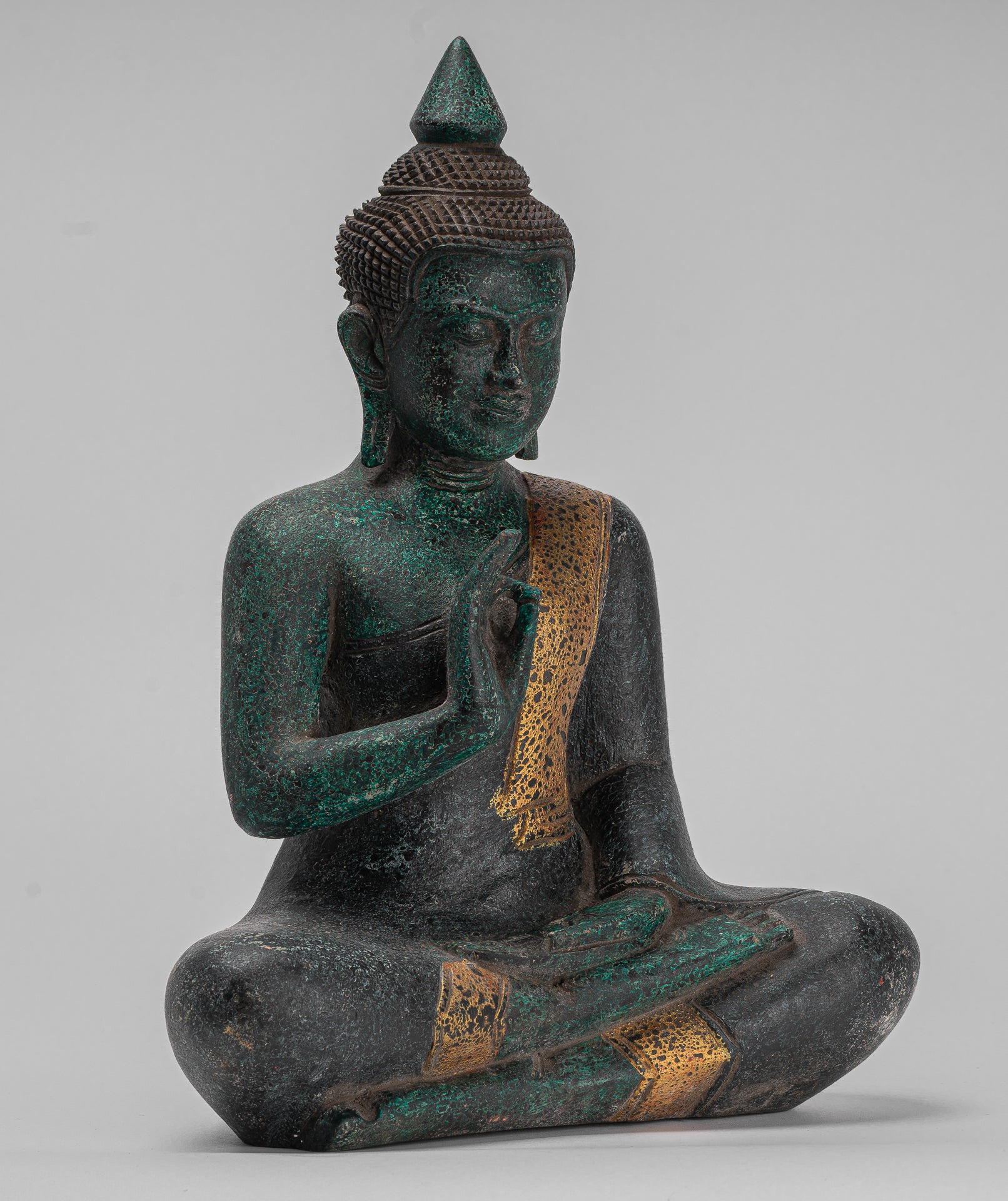 Buddha Sculpture - Buddha - Antique Khmer Style Seated Wood Buddha Statue Teaching Mudra - 40cm/16"