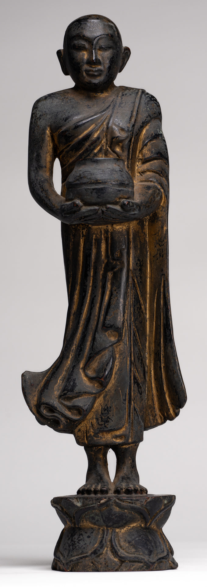 Antique Burmese Style Standing Wood Mandalay Monk Statue - 46cm/18"