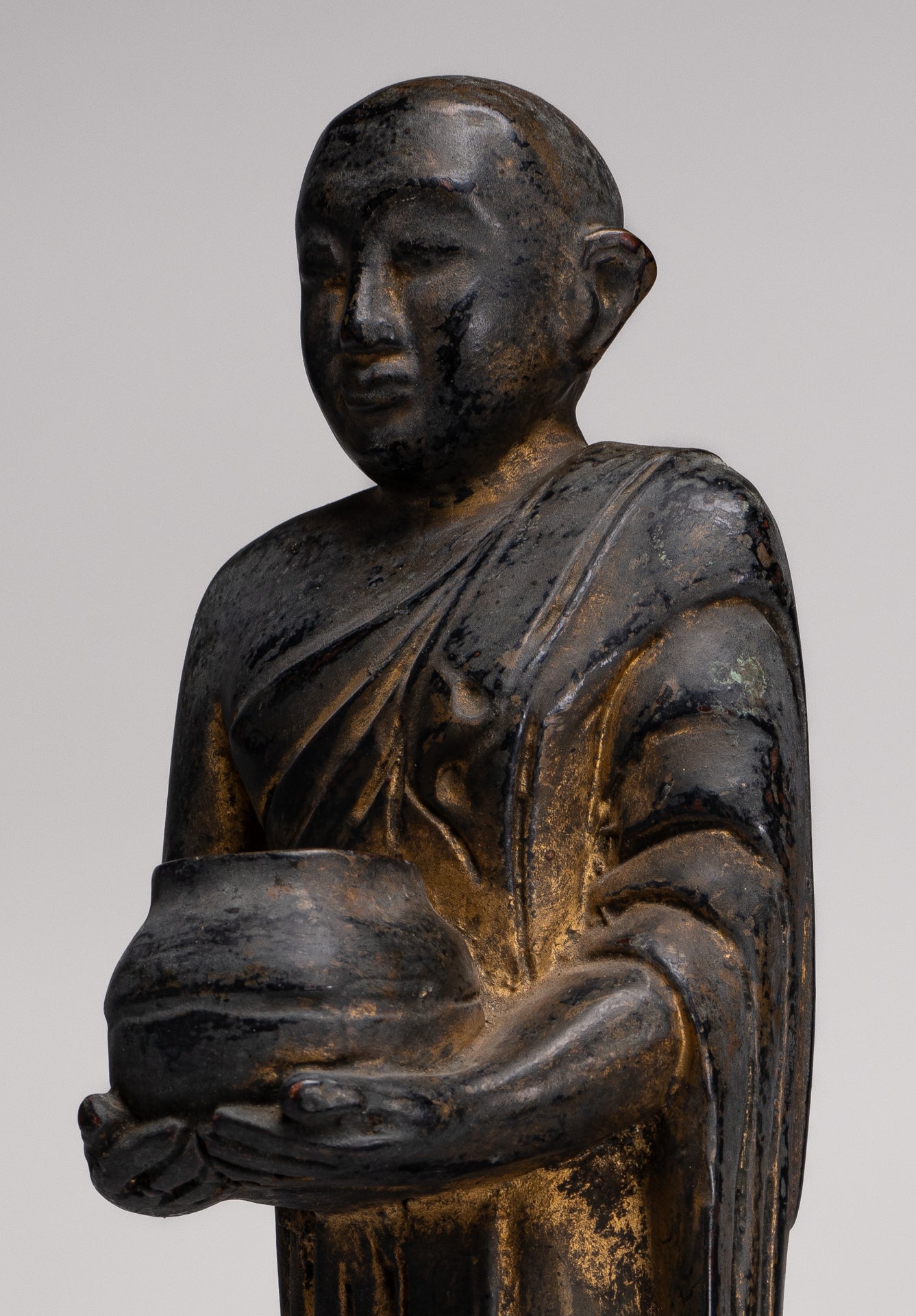 Antique Burmese Style Standing Wood Mandalay Monk Statue - 46cm/18"