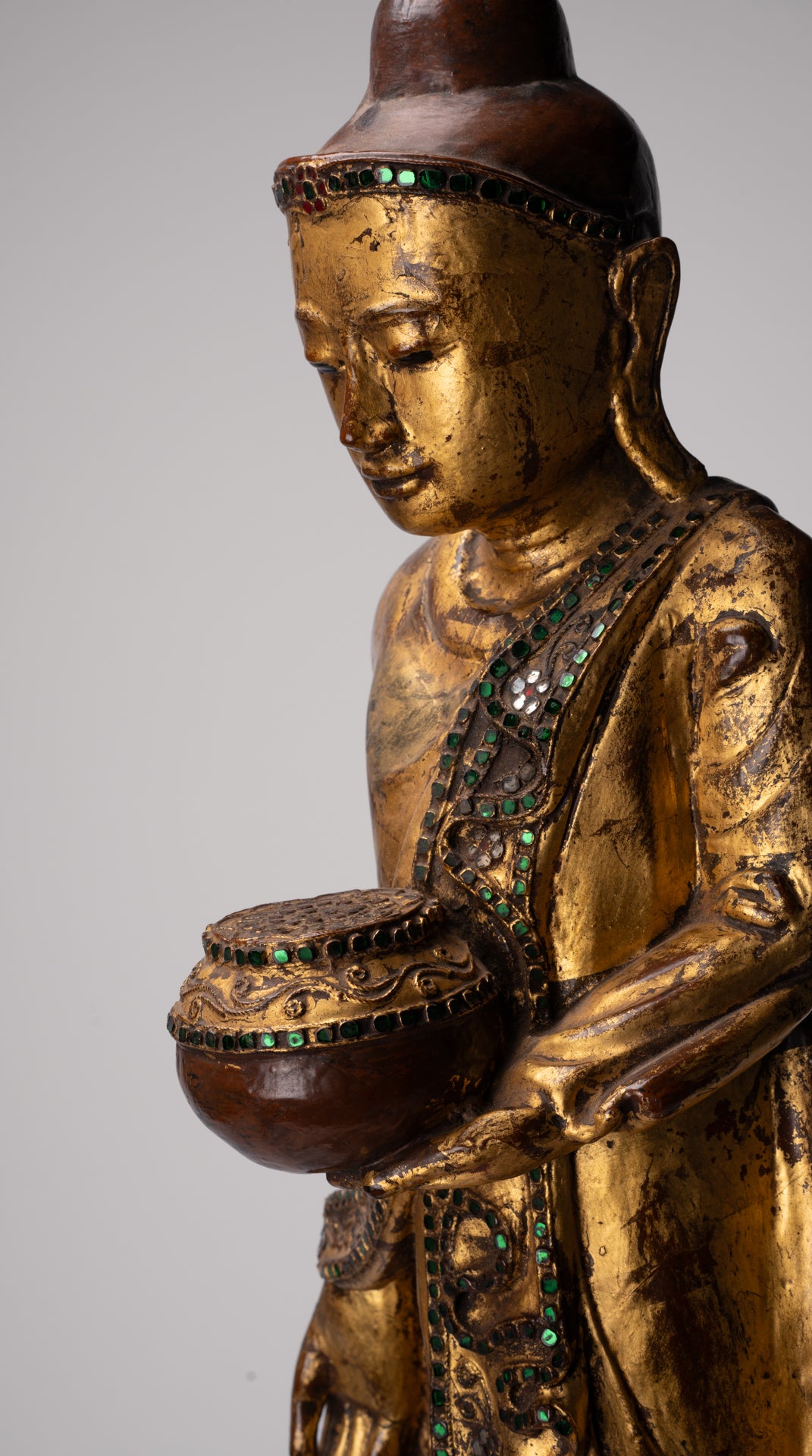 Antique Burmese Style Standing Wood Mandalay Buddha Statue - 101cm/40"