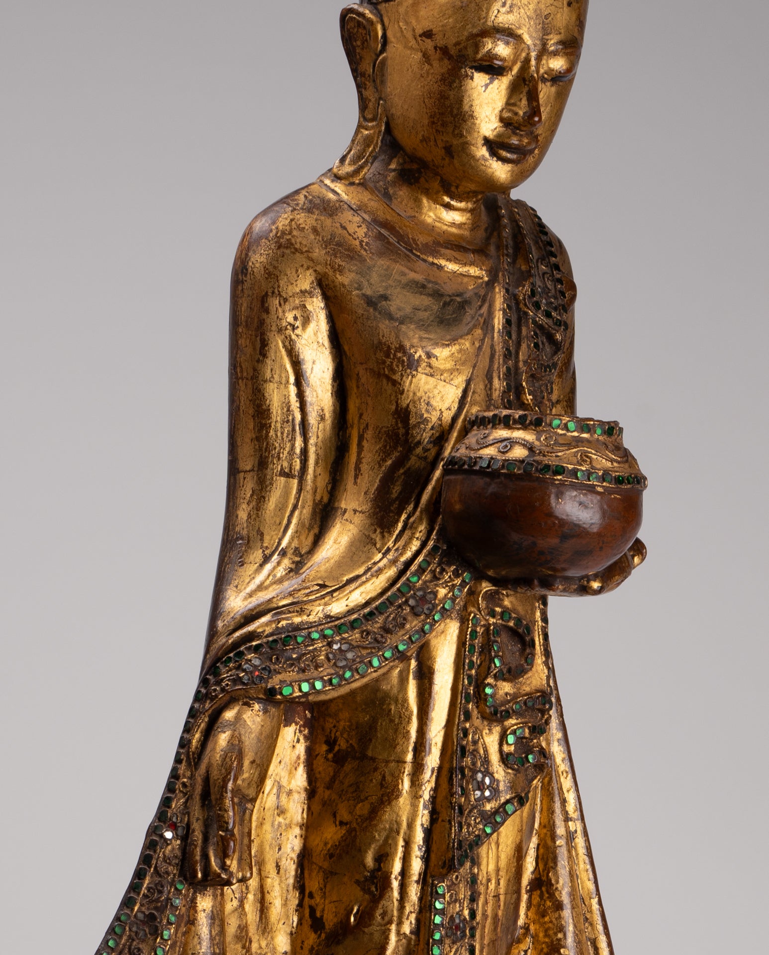 Antique Burmese Style Standing Wood Mandalay Buddha Statue - 101cm/40"