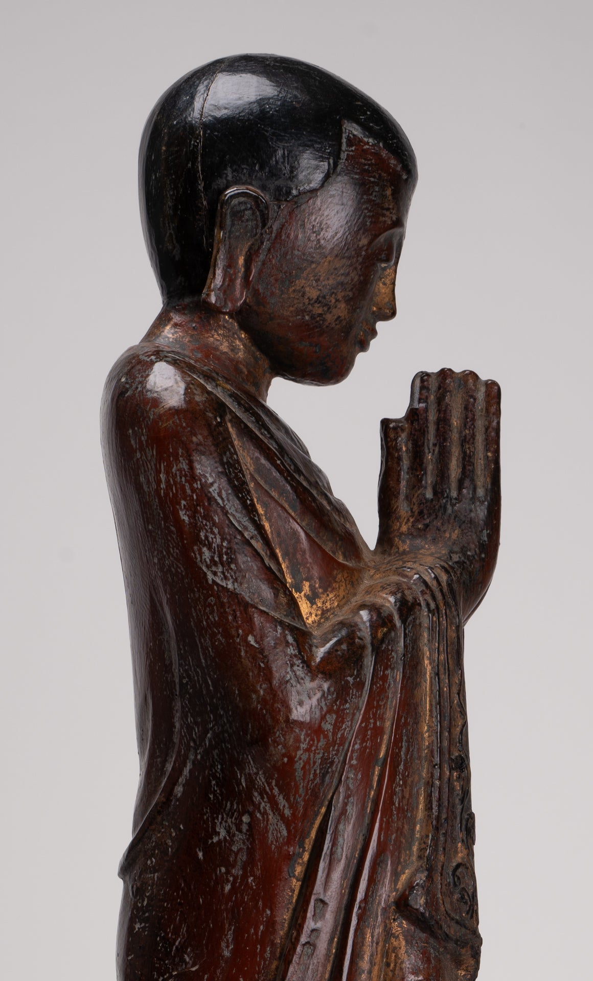 Antique Burmese Style Standing Wood Adoration Mandalay Monk Statue - 76cm/30"