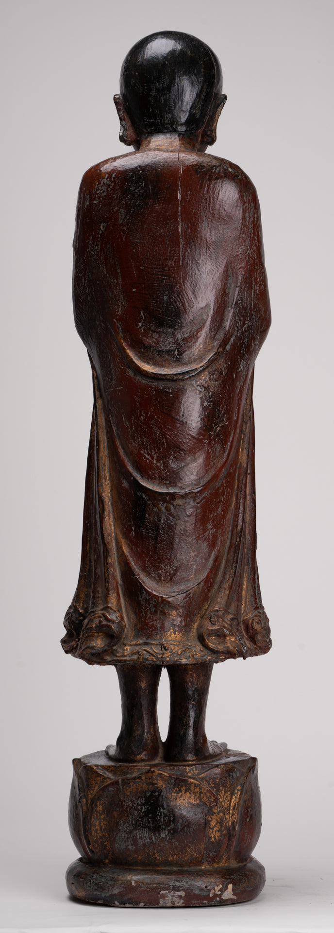 Antique Burmese Style Standing Wood Adoration Mandalay Monk Statue - 76cm/30"