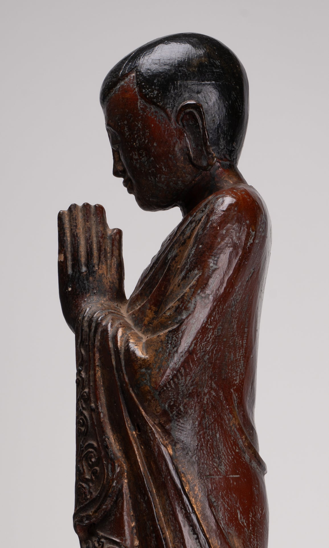 Antique Burmese Style Standing Wood Adoration Mandalay Monk Statue - 76cm/30"