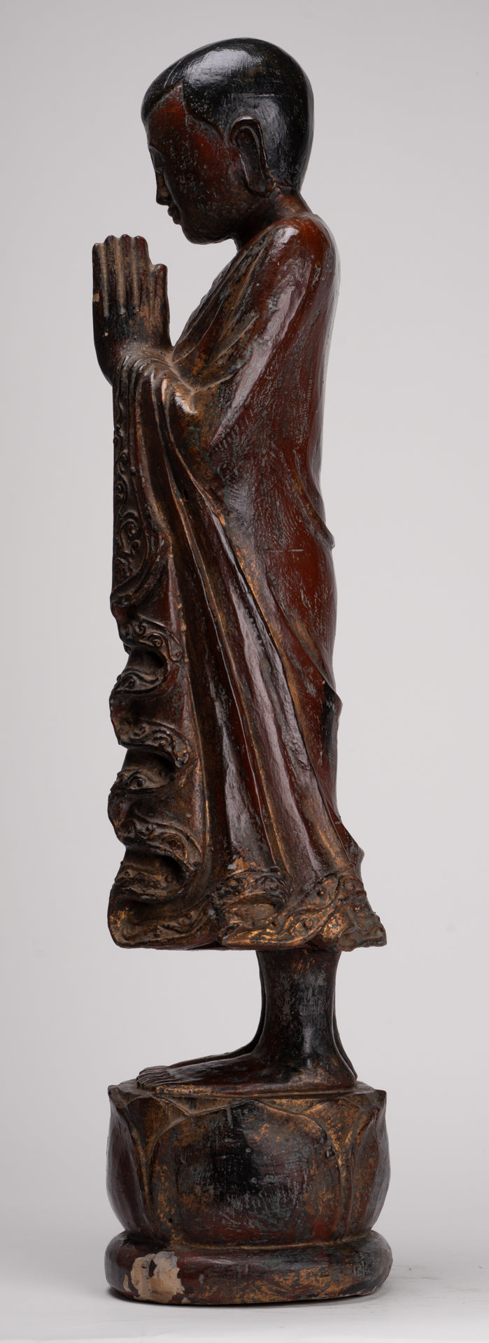 Antique Burmese Style Standing Wood Adoration Mandalay Monk Statue - 76cm/30"