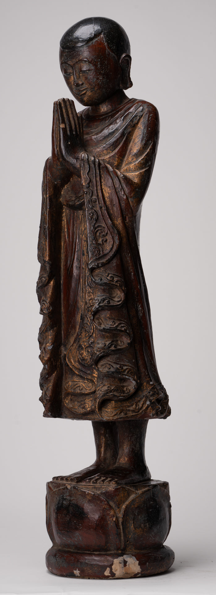 Antique Burmese Style Standing Wood Adoration Mandalay Monk Statue - 76cm/30"