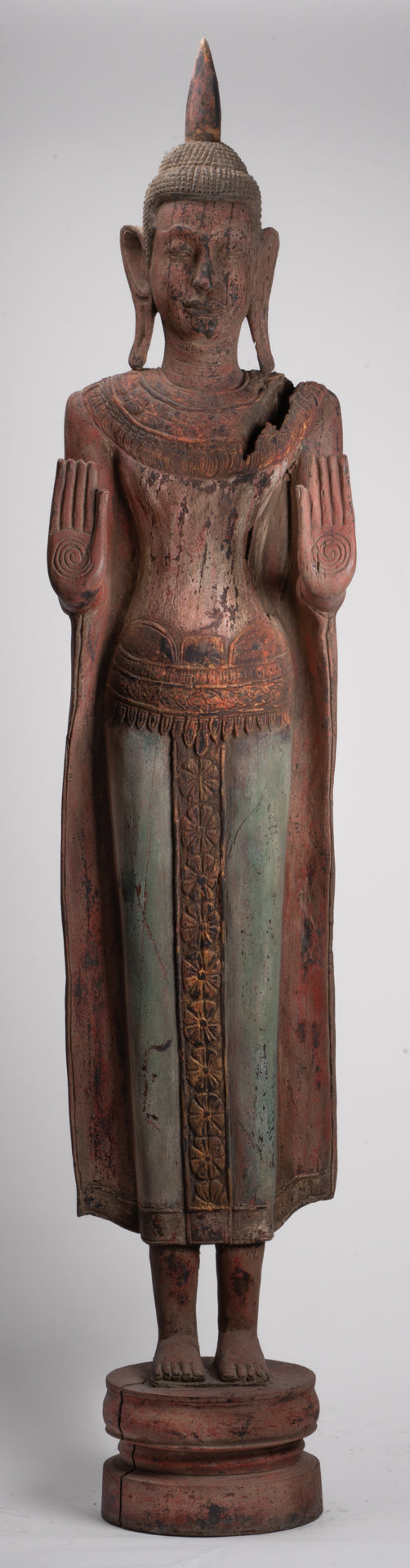 Large Buddha Statue - Antique Khmer Style Wood Standing Protection Monday Buddha Statue - 174cm/70"