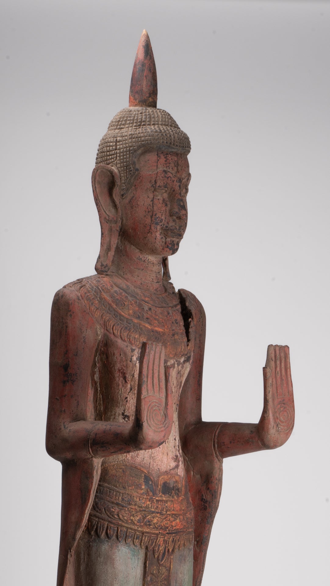 Large Buddha Statue - Antique Khmer Style Wood Standing Protection Monday Buddha Statue - 174cm/70"