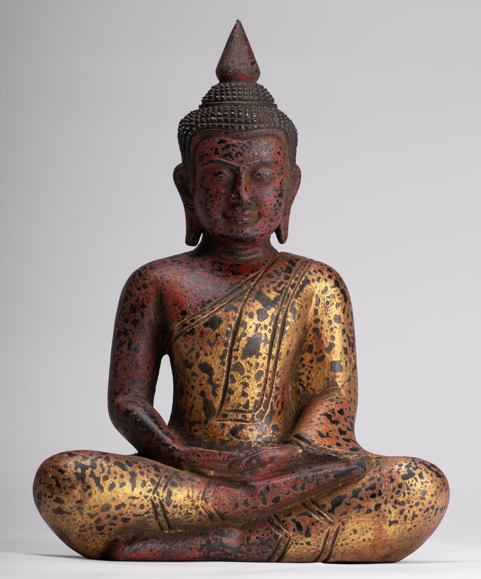 Buddha Sculpture - Antique Khmer Style Wood Seated Buddha Statue Dhyana Meditation Mudra - 27cm/11"