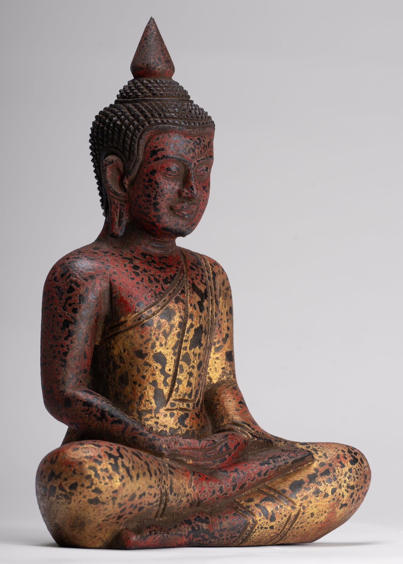 Buddha Sculpture - Antique Khmer Style Wood Seated Buddha Statue Dhyana Meditation Mudra - 27cm/11"