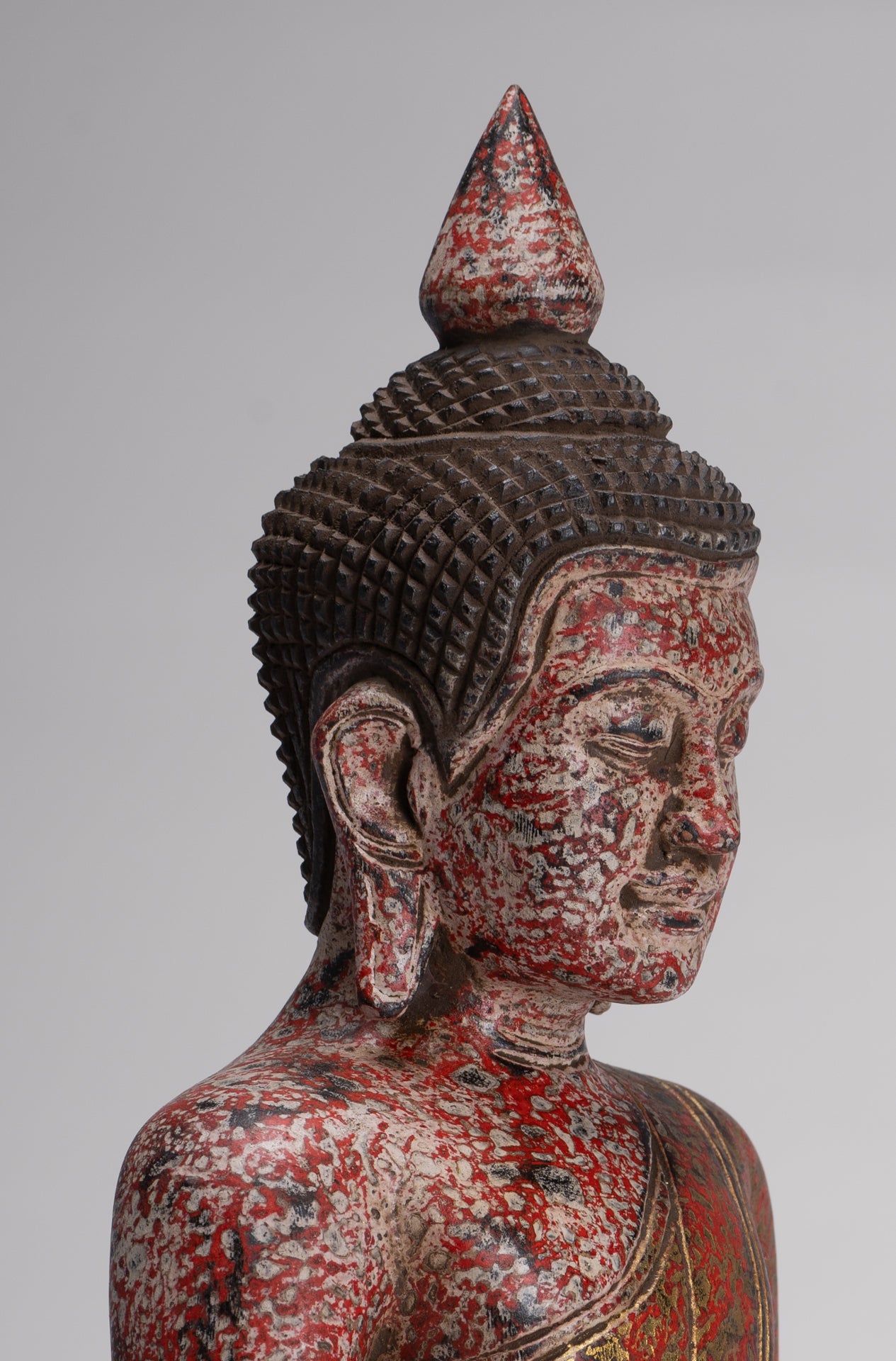 Buddha Sculpture - Antique Khmer Style Wood Seated Buddha Statue Dhyana Meditation Mudra - 33cm/13"