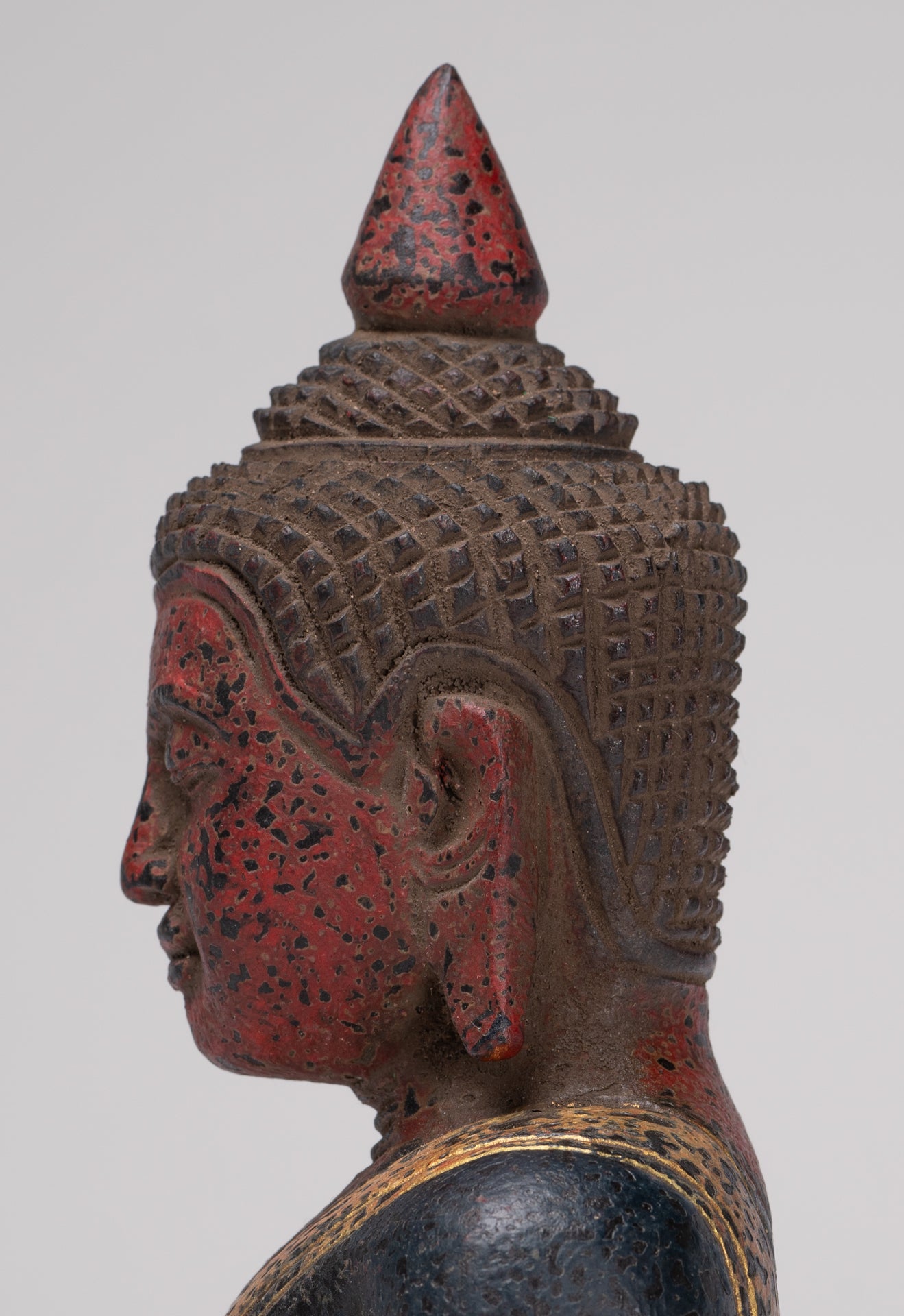 Buddha Sculpture - Antique Khmer Style Wood Seated Buddha Statue Dhyana Meditation Mudra - 21cm/8"