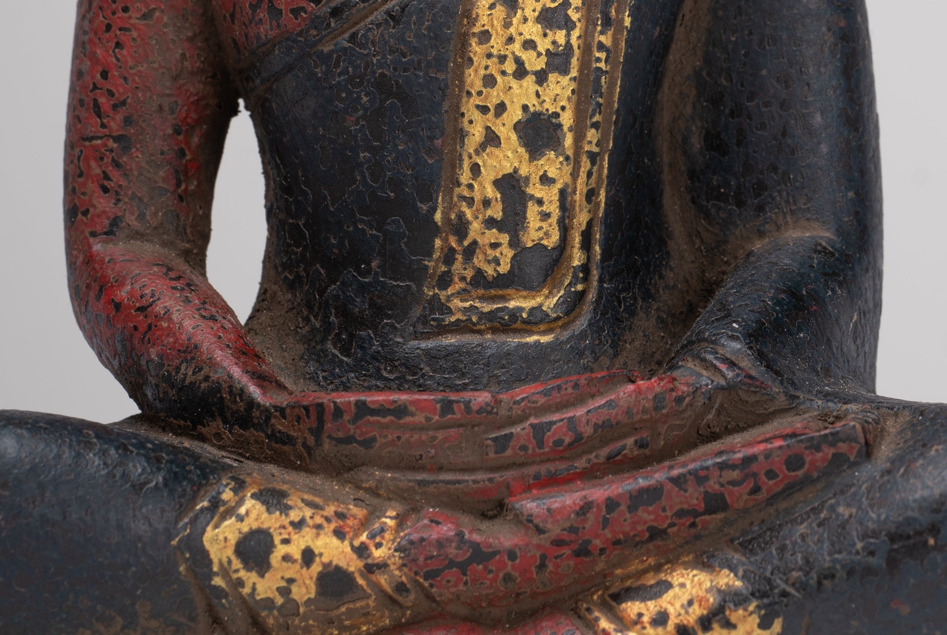 Buddha Sculpture - Antique Khmer Style Wood Seated Buddha Statue Dhyana Meditation Mudra - 21cm/8"