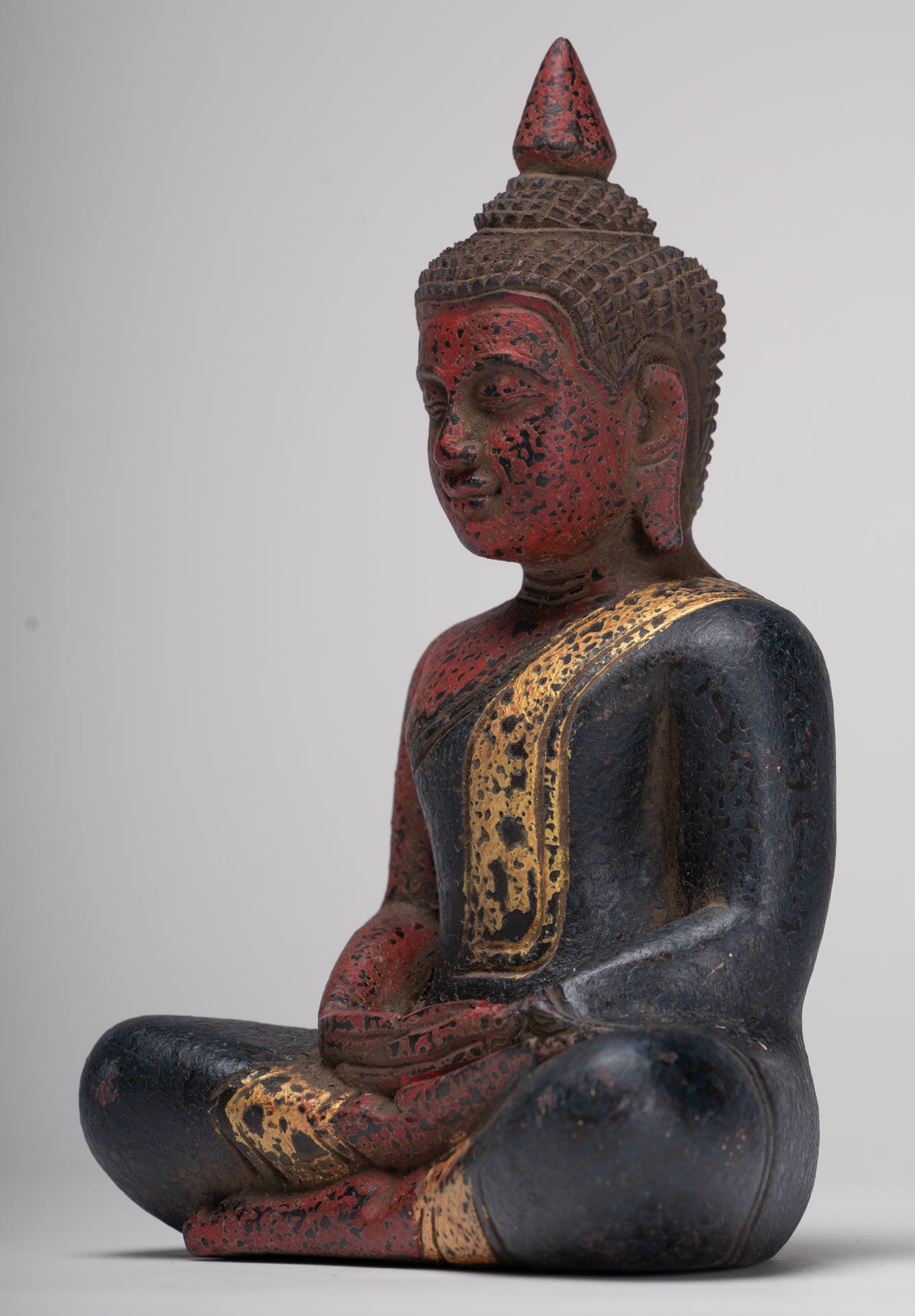 Buddha Sculpture - Antique Khmer Style Wood Seated Buddha Statue Dhyana Meditation Mudra - 21cm/8"