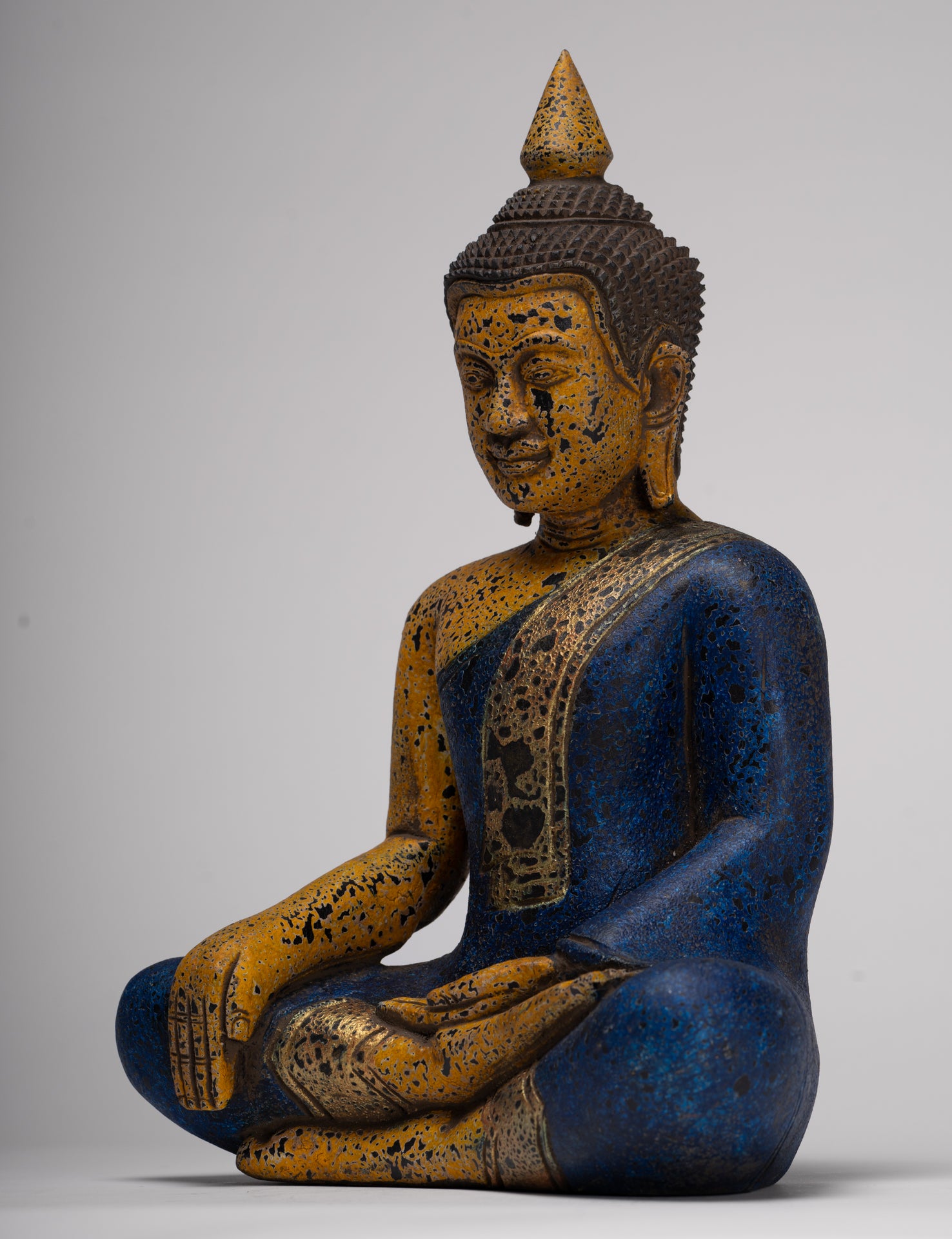 Buddha Statue - Antique Khmer Style SE Asia Seated Wood Enlightenment Buddha Statue - 33cm/13"