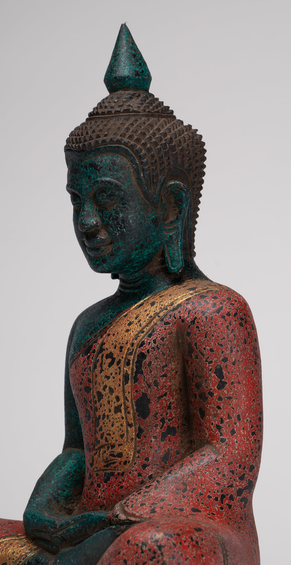 Buddha Sculpture - Antique Khmer Style Wood Seated Buddha Statue Dhyana Meditation Mudra - 33cm/13"