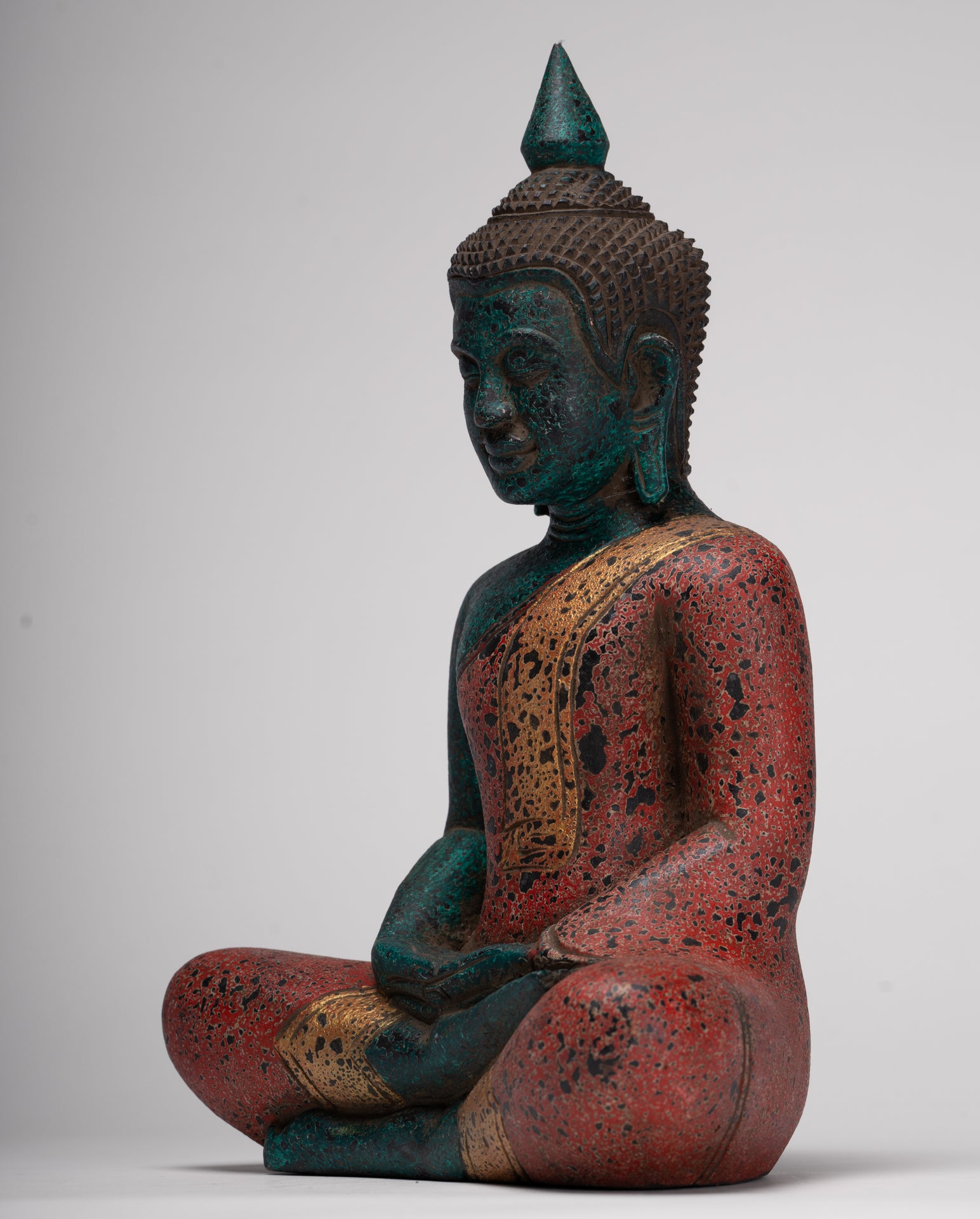 Buddha Sculpture - Antique Khmer Style Wood Seated Buddha Statue Dhyana Meditation Mudra - 33cm/13"