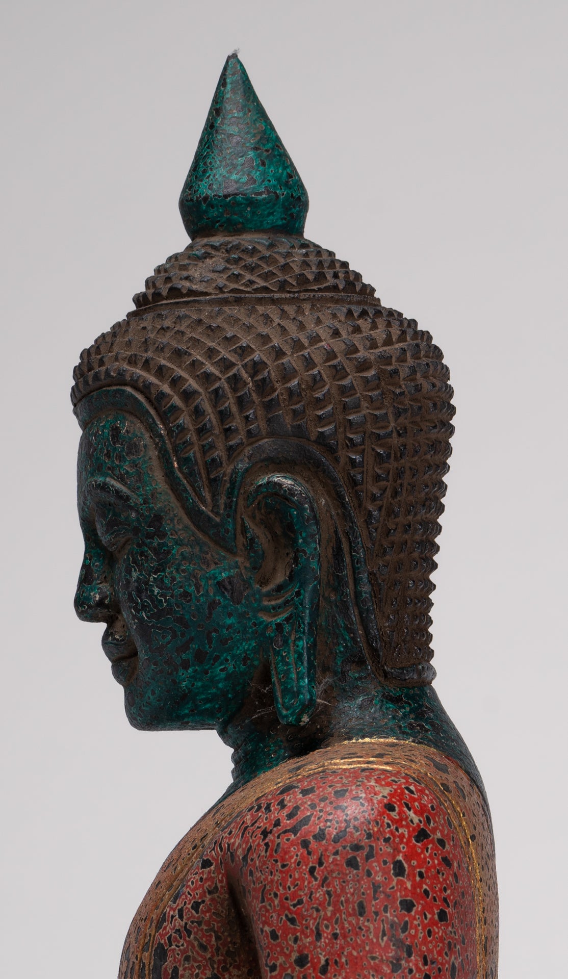 Buddha Sculpture - Antique Khmer Style Wood Seated Buddha Statue Dhyana Meditation Mudra - 33cm/13"