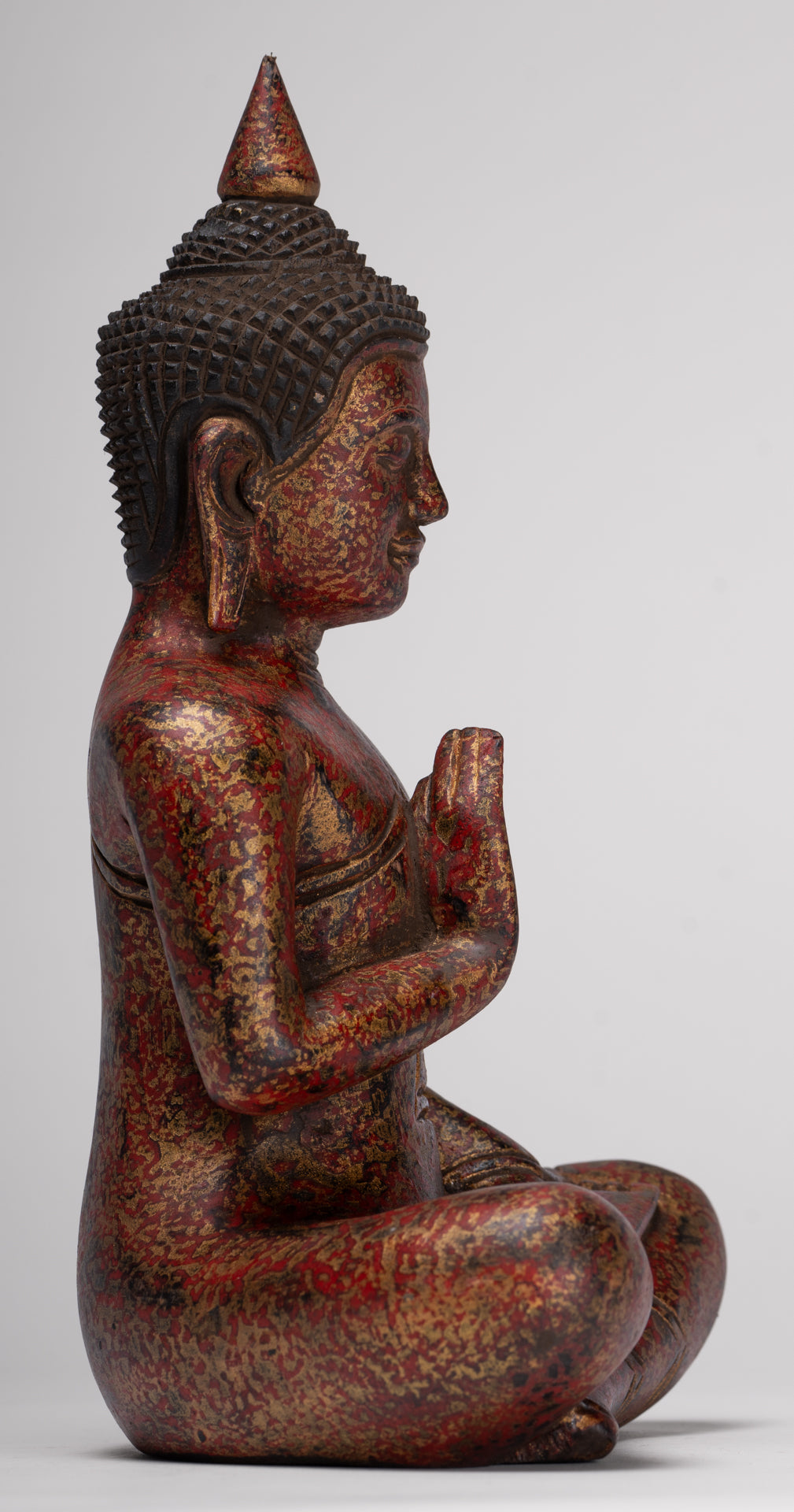 Buddha Statue - Antique Khmer Style Cambodia Seated Wood Buddha Statue Teaching Mudra - 27cm/11"