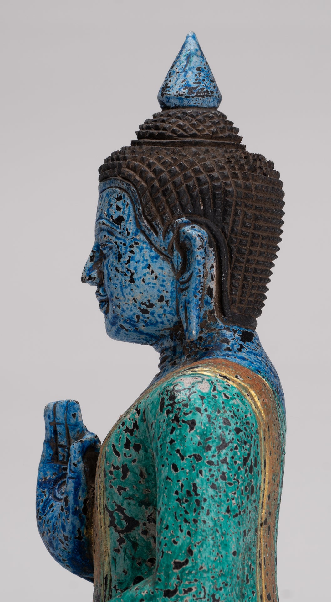 Buddha Statue - Antique Khmer Style Cambodia Seated Wood Buddha Statue Teaching Mudra - 27cm/11"